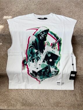White Sleeveless Graphic Tank with Neon Skull & Dice